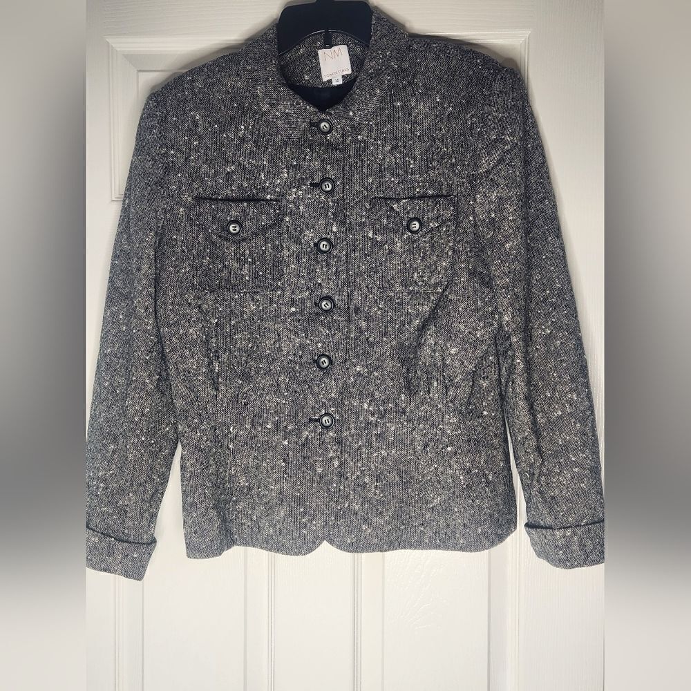 NM Essentials 14 Gray Cream Tweed 100% WOOL Lsl LinedPockets Women BlazerJacket
